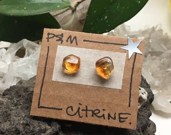 Citrine Crystal Stud Earrings - Sterling Silver Post - Smooth, Tumbled Stones - Natural Mineral Beauty