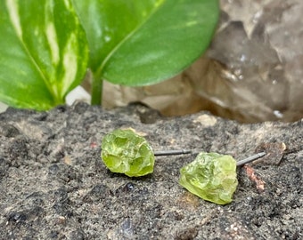 Peridot Crystal Stud Earrings - Rough, Raw, Stone - Tumbled, Natural, Mineral Beauty - Surgical Steel Post