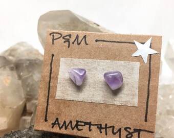 Polished Amethyst Crystal Stud Earrings - Sterling Silver Posts- Rough, Raw Stone, Natural Mineral Beauty