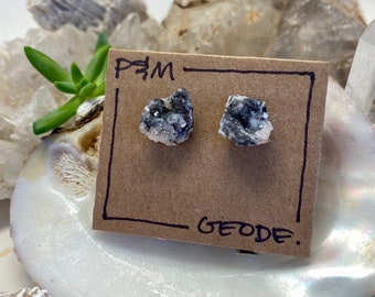 Agate Geode Grey Druzy Stud Earrings - Rough, Raw Stone - Natural Mineral Beauty - Surgical Steel Post - Large and Extra Sparkly