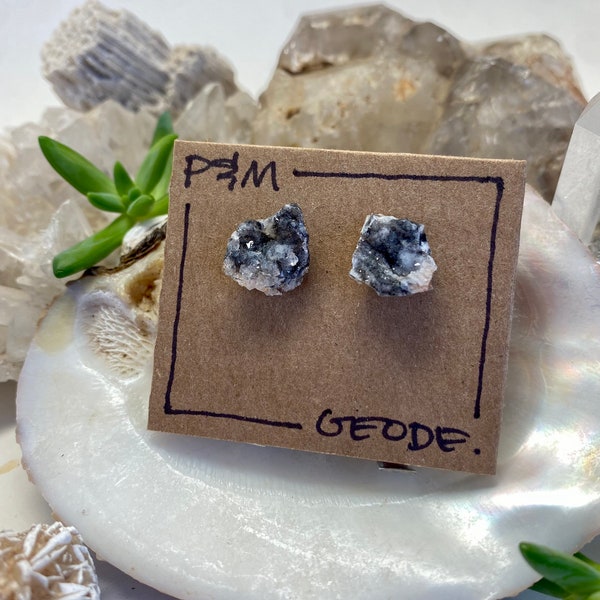 Agate Geode Grey Druzy Stud Earrings - Rough, Raw Stone - Natural Mineral Beauty - Surgical Steel Post - Large and Extra Sparkly