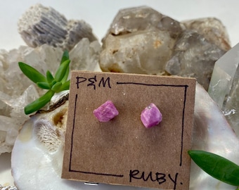 Ruby Crystal Stud Earrings - Rough, Raw Stone - Natural Mineral Beauty - Surgical Steel Posts