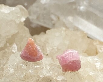 Petite Rhodochrosite Crystal Stud Earrings - Sterling Silver Post - Rough, Raw Stone - Natual Mineral Beauty