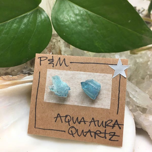 Raw Aqua Aura Quartz Crystal Point Stud Earrings - Sterling Silver Posts - Rough, Raw Stone - Natural Mineral Beauty