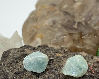 Aquamarine Crystal Stud Earrings - Raw, Tumbled Stone - Natural Mineral Beauty - Surgical Steel Post