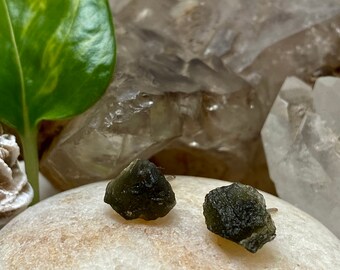 Moldavite Stud Earrings - Sterling Silver Posts - Rough, Raw, Crystal Tektite - Natural Interplanetary Beauty