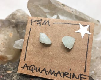 Aquamarine Crystal Stud Earrings- Sterling Silver Post - Raw, Rough Stone - Natural Mineral Beauty