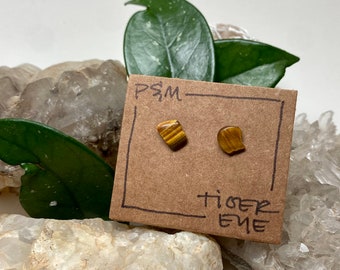 Tiger's Eye Crystal Stud Earrings - Raw, Rough, Tumbled Stones - Natural, Mineral Beauty - Surgical Steel Post