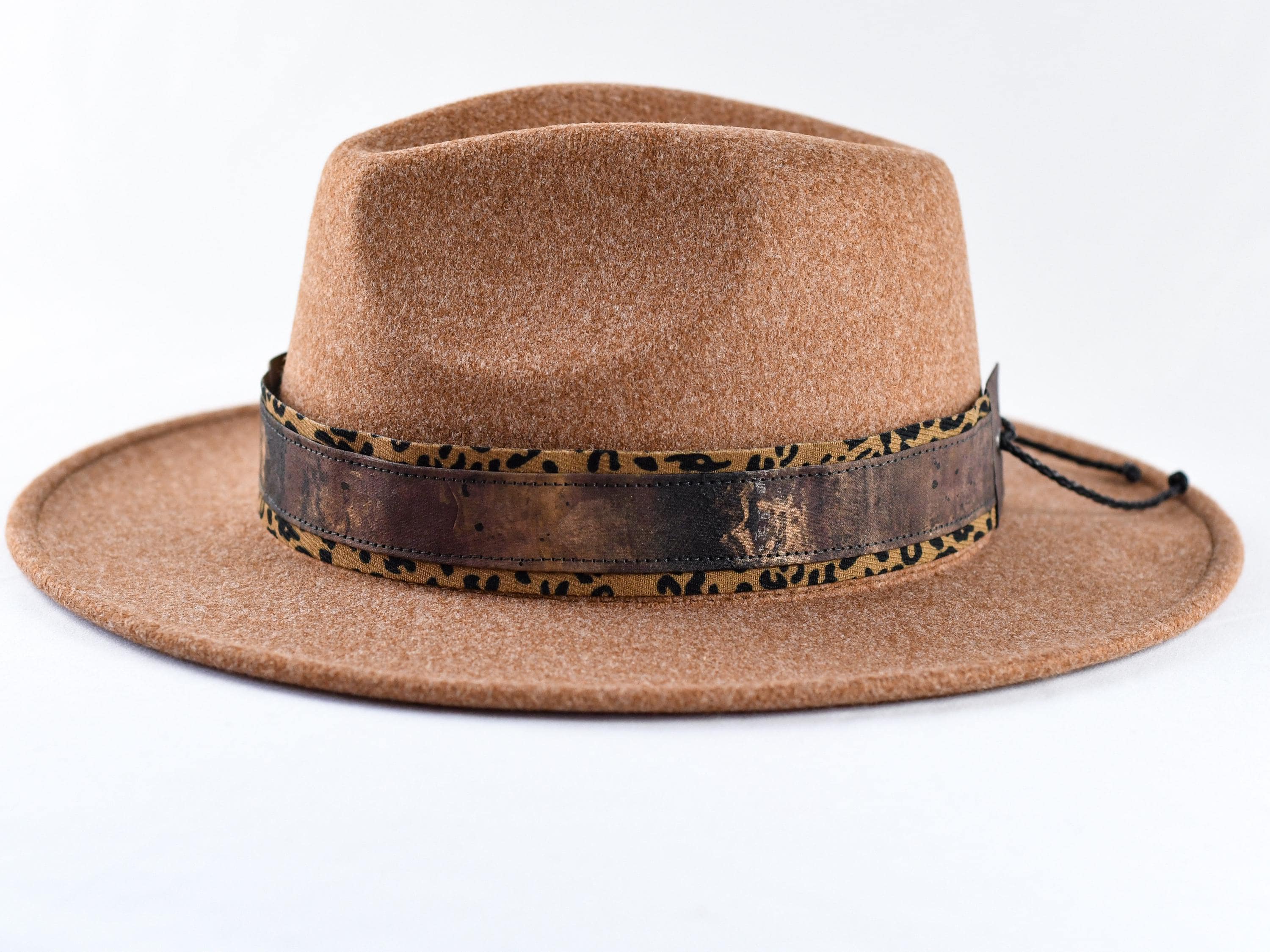 Boho Engraved Felt Fedora Hat with Leopard Band - Tan Ambre, Hats BCBG Couture Made in our workshop main image 3