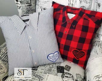 May include: Two decorative throw pillows with embroidered hearts. One pillow is made of a blue and white striped fabric with a blue heart that says "This is a start I need you to hold it. Where ever you go I'll be there. Always.  " The other pillow is made of a red and black plaid fabric with a red heart that says "This is a start I need you to hold it. Where ever you go I'll be there. Always.  "