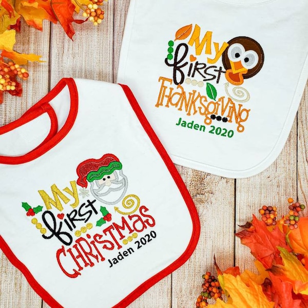 Baby's First Holiday Bib Set/ My First Thanksgiving Bib/ 1st Thanksgiving Bib/ First Christmas/ Personalized Baby Gift