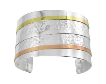 Wide Cuff Bracelet Mixed Metals, Contemporary Cuff, Sterling Silver Brass Copper, Art Jewelry, Hammered Metal, Gift for Her