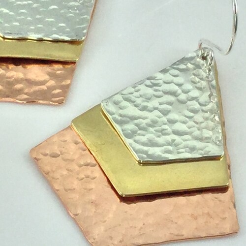 Hammered Mixed Metal Triangle Geometric Earrings, Lightweight Textured Earrings, shops Contemporary Statement Dangle, Brass Copper Sterling Silver
