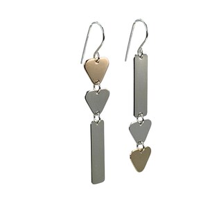 Silver and Gold Asymmetric Bar and Triangle Earrings, Mixed Metal Geometric Earrings, Contemporary Long Dangles, Modern  Versatile  Artisan