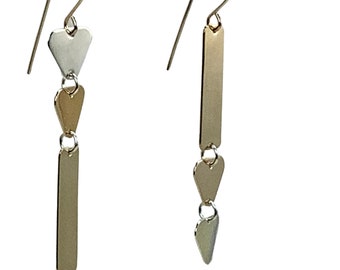 Gold and Silver Asymmetric Bar and Triangle Earrings, Mismatch Mixed Metal Earrings, Contemporary Long Dangles, Modern  Versatile  Artisan