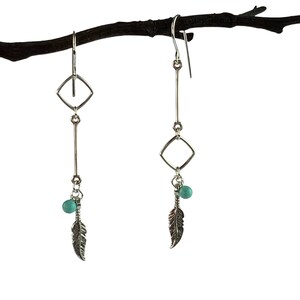 Feathers & Turquoise Long Asymmetric Dangle Earrings, Genuine Turquoise Jewelry, Sterling Silver Earrings, Mis Matched Dangles, Gift for Her