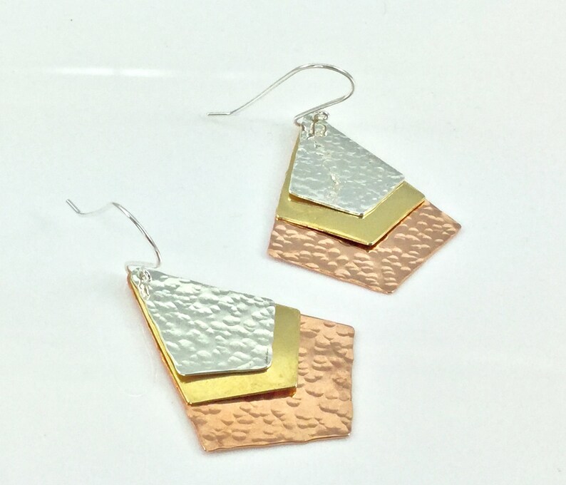 Hammered Mixed Metal Triangle Geometric Earrings, Lightweight Textured Earrings, shops Contemporary Statement Dangle, Brass Copper Sterling Silver