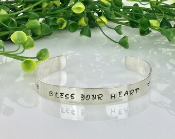 Stamped Cuff, Bless Your Heart, Southern Sayings Jewelry, Sterling Silver Cuff Bracelet, Hand Stamped Cuff, Gift for Her, Girlfriend Gift