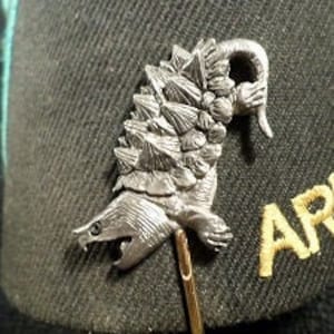 May include: A silver-toned alligator pin with a detailed design. The alligator is depicted in a curled position with its tail curled over its head. The pin is attached to a gold-colored pin back.