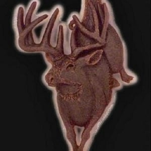 May include: A brown ceramic sculpture of a deer with large antlers. The deer is standing on its hind legs with its front legs raised in the air.