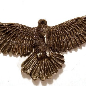 Może przedstawiać: Brązowa rzeźba orła z rozpostartymi skrzydłami. Orzeł jest szczegółowo wykonany z piór i ma realistyczny wygląd.