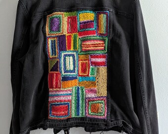 Embroidered Black Denim Jacket Women&#39;s Plus Size XXL Hand Stitched