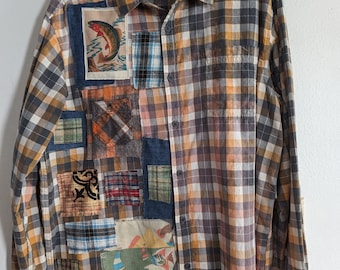 Bleach Dyed Unisex Cotton Columbia Shirt Men's XL Vintage Fabric Bleach Dye Flannel Gone Fishin