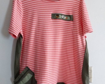 Tunic Shirt T-shirt Dress Upcycled Clothing Women's XL Peach and Olive Green