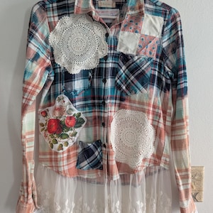 Upcycled Clothing Bleach Distressed Flannel Shirt Women&#39;s size Small