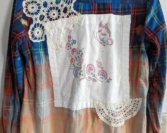 Women's Size Large Bleached Flannel Shirt Vintage Fabric and Lace