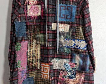 Hooded Flannel Shirt with pockets Denim and Jersey Patches Hand Painted and Signed Women&#39;s Size Medium