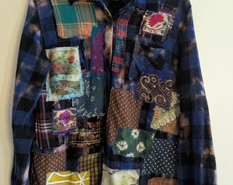 Bleached Flannel Shirt Upcycled Clothing Women's Size XL Art Clothing