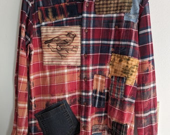 Bleach Dye Flannel Shirt Men's Large Antique Quilt Block Wool Denim Flannel Bird Patches