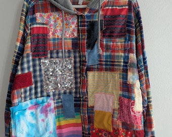Upcycled Flannel Shirt with Hood Women's Size Large