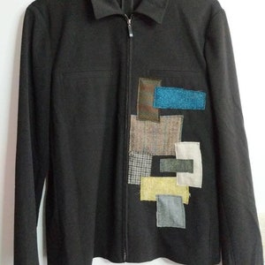 Altered Clothing Upcycled Women's Black Zip-up Jacket 10 Petite Wool Patches Art Jacket