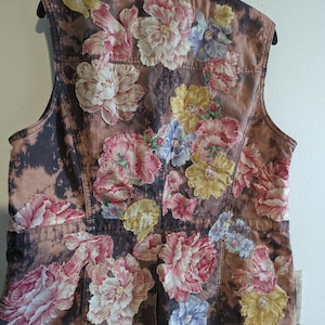 Bleach Dyed Vest XL Hand Cut and Stitched Floral Applique