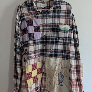 Bleach Distressed Upcycled Flannel Shirt: Vintage Quilt Patches, Men's XL