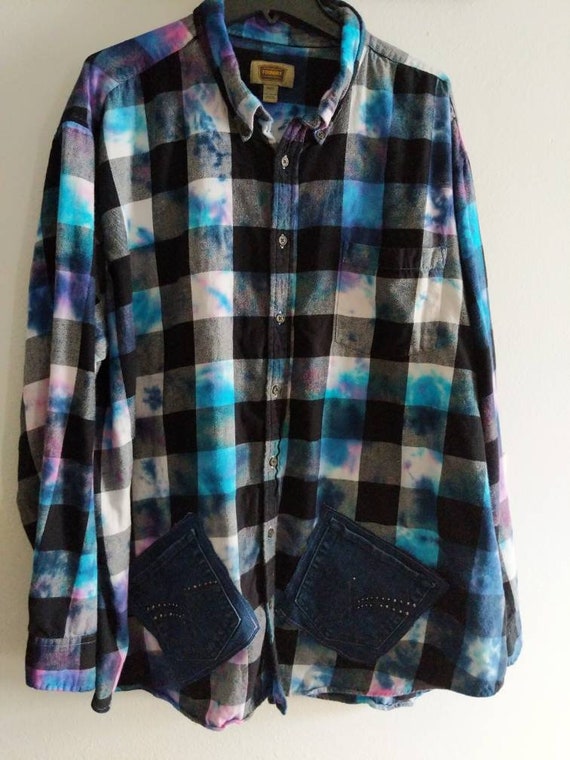 Tie Dye Flannel Shirt Men's 3XLT Denim Pocket Upcycled Etsy