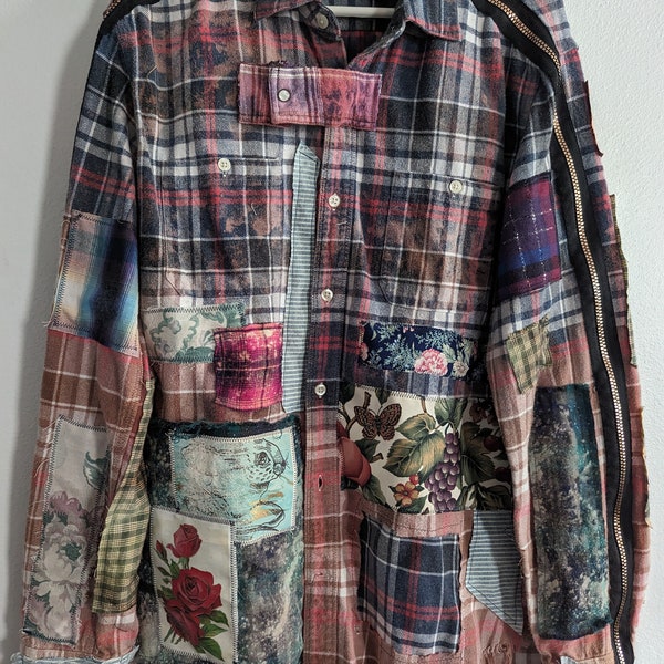 Bleach Dyed Flannel Shirt Zipper Sleeves Vintage Needlework