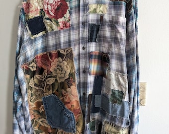 Bleach Dyed Flannel Shirt Men's Size 3XLT Fabric Patches Upcycled Clothing