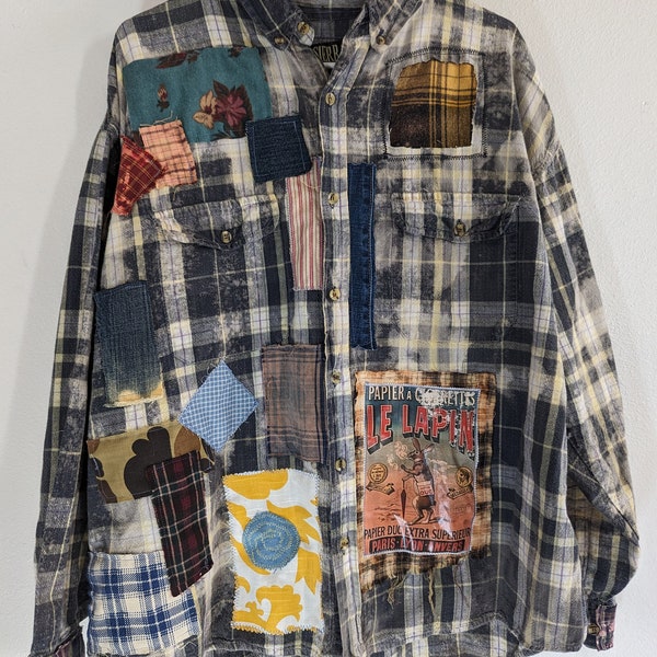 Bleach Distressed Cotton Shirt Men's Size 3X Antique Quilt Patch