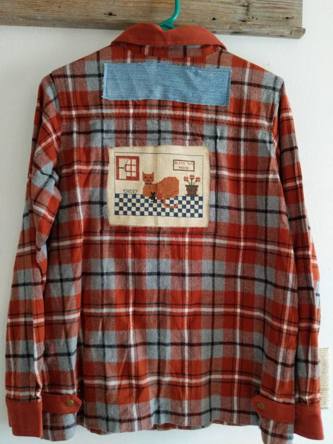 Zip up Flannel Shirt Jacket Vintage Cat Needlepoint Rust and Blue Women's Size Medium Etsy
