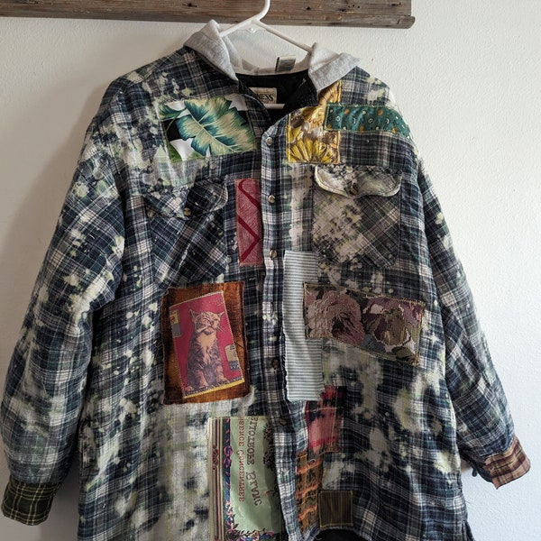 Bleach Distressed Insulated Flannel Jacket Men's Size Large  Flannel Upcycled Clothing