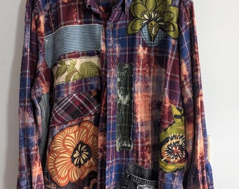 Bleach Dyed Flannel Shirt Men's Size XXL Floral Flannel Shacket