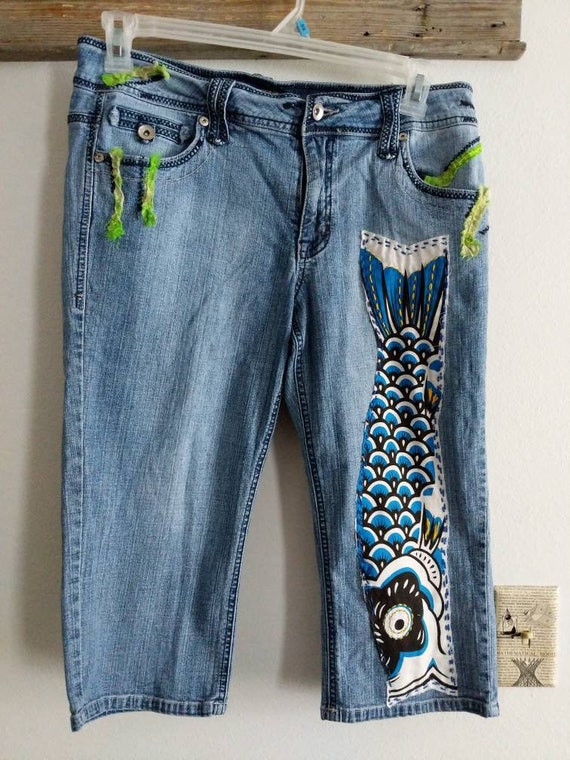 Women's Capri Pants Size 12 Upcycled Jeans Recycled Sari Handsewn