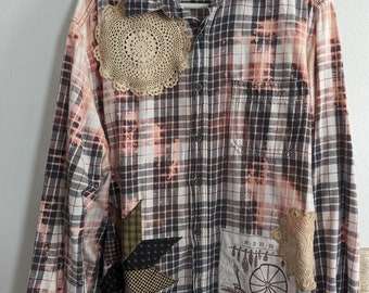 Bleach Dyed Flannel Shirt Men&#39;s Size XL vintage fabric patches quilt star patch