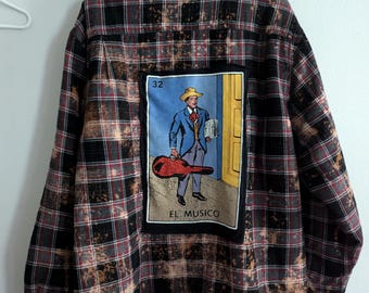 Bleach Dyed Flannel Jacket Fleece Lined Size XL El Musico Patches