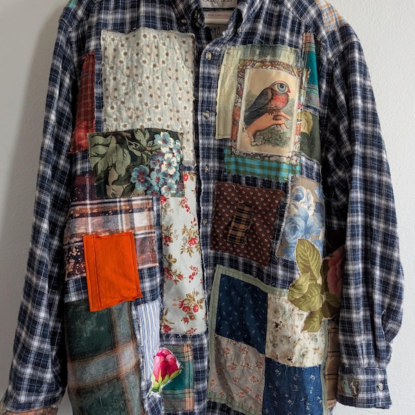 Upcycled Flannel Shirt Men's Size XL First Shirt of 2025 Bird Cat Lobster Floral