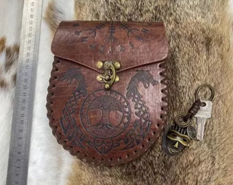 Renaissance Leather Belt Bag, Detailed Viking Design