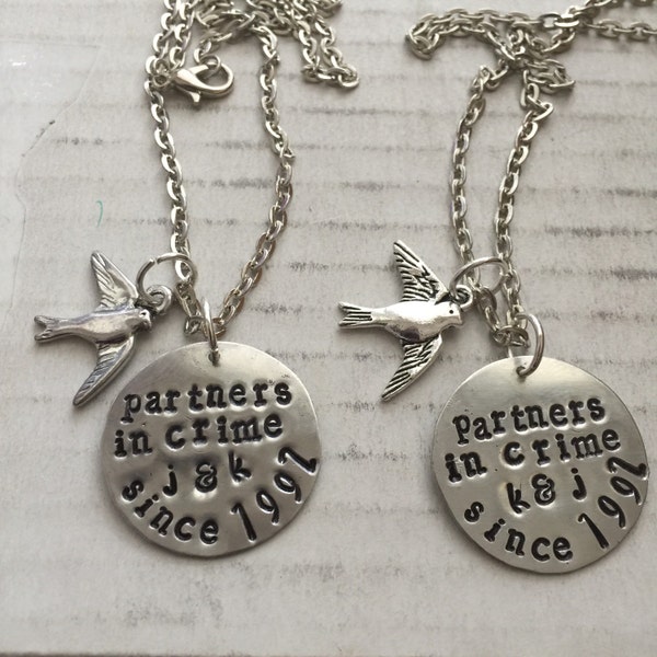 Partners in Crime Set- hand stamped, personalized necklace with charm of choice